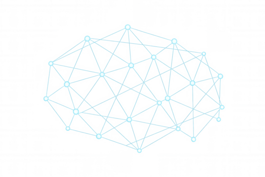 Digital network connections forming a mesh structure, linking data nodes and technology on a transparent background