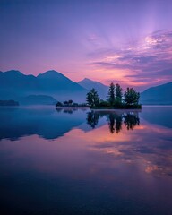 Serene island at dawn, reflected in a still lake