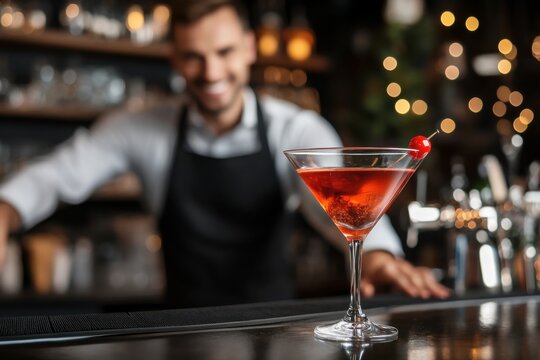 Bartender smiling serving cocktail in bar