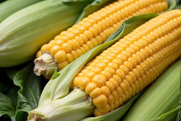 Fresh yellow corn with green husks.