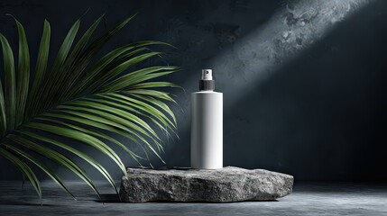 White Spray Bottle on Textured Stone with Tropical Leaf