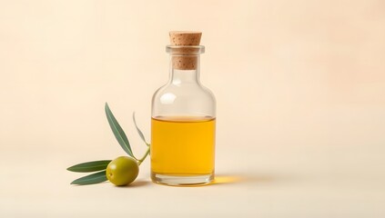 Transparent bottle of olive oil with cork, isolated on beige background