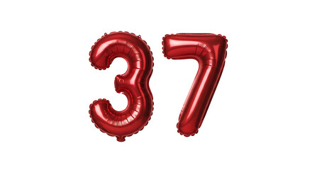 Fototapeta premium Red Metallic Foil Balloon Number 37 for Celebration, Birthday, or Anniversary on a Transparent Background