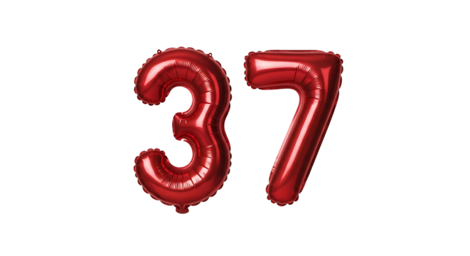 Red Metallic Foil Balloon Number 37 for Celebration, Birthday, or Anniversary on a Transparent Background