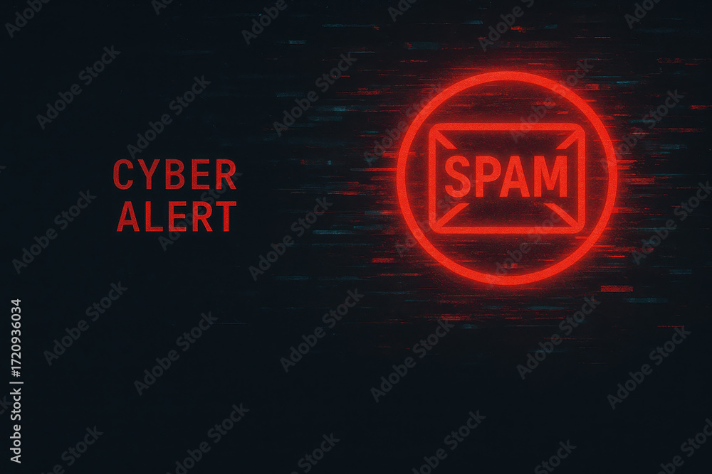Poster cyber alert warning with glowing red spam email icon highlights risk of phishing attack in digital c