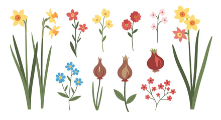 Collection of charming spring flowers and bulbs in pixel art style.