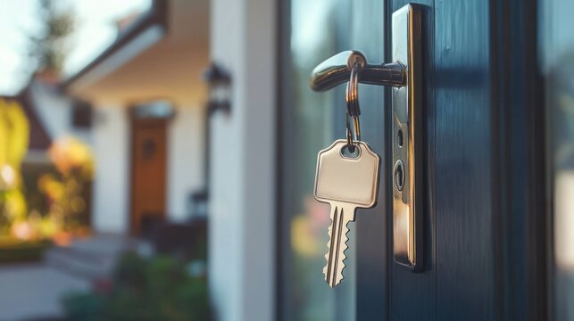 A key hanging on a door handle with a house in the background.