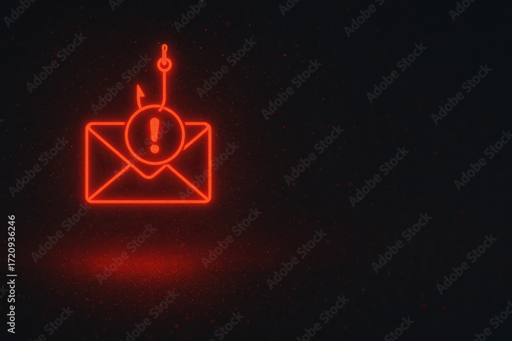 Poster spam email phishing attack warning symbol glowing red neon envelope with exclamation mark and hook o