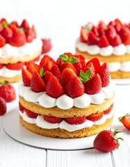 Three layered strawberry cakes on white background