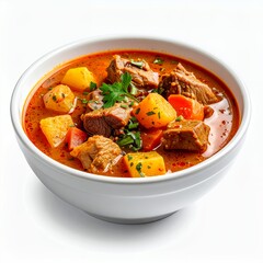 Hearty beef stew simmering in a bowl presented against white backdrop