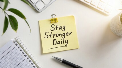 Inspiring Note on Sticky Paper in Office Setting with Green Plant, Keyboard, and Notepad for Motivation and Productivity