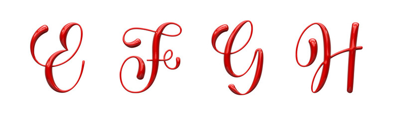 set of letters made of red glossy plastic, calligraphic style, typographic design, uppercase letter F, G, H, E