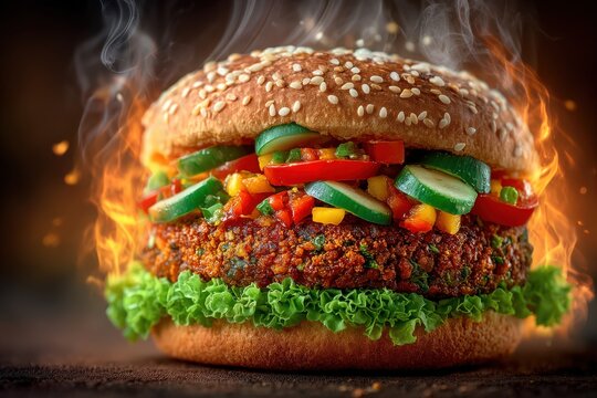 Spicy vegan burger with sesame bun adorned with fresh vegetables served in a fiery environment showcasing sizzling action and culinary creativity igniting appetite