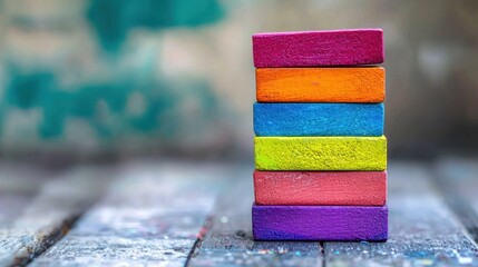 A stack of colorful wooden blocks on a rustic wooden table with a weathered, green and brown background.