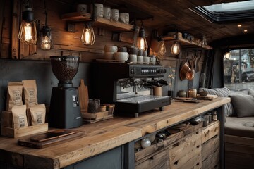 Rustic Mobile Coffee Shop Interior With Warm Lighting