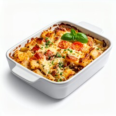 Delicious baked pasta dish in a white casserole on a clean white backdrop