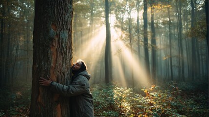 Person hugging a tree in forest with warm sun rays shining through leaves, emotional cinematic style nature scene symbolizing love for environment and sustainability