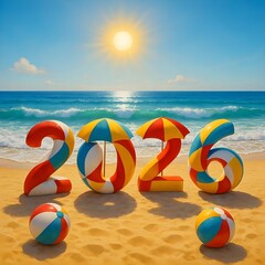Summer beach with sun and colorful 2026 text