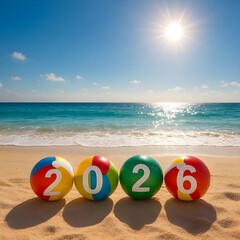 Summer beach with sun and 2026 text happy new year  background.