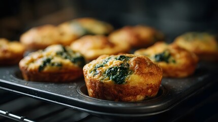 Fototapeta premium Golden brown mini spinach egg muffins freshly baked in a muffin tin a healthy and savory breakfast food