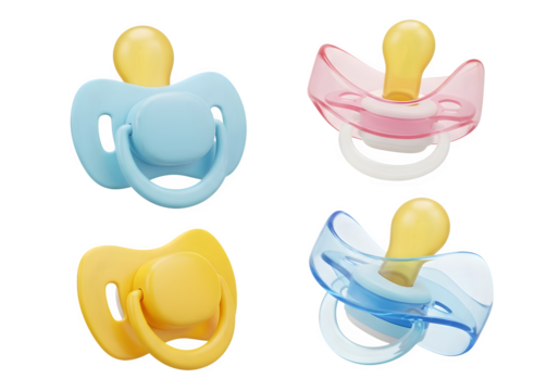 Image of super premium transparent photo of four baby pacifiers or soothers in different colors blue, pink, yellow, and light blue, isolated on transparent background - Powered by Adobe