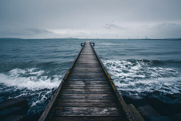 a pier with a wooden walkway leading to the ocean