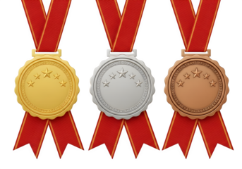 Image of super premium transparent photo of three olympic medals, gold, silver, and bronze, with red ribbons isolated on transparent background