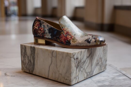Stylish floral pattern shoe with shiny gold accents placed on a marble pedestal in a bright indoor setting