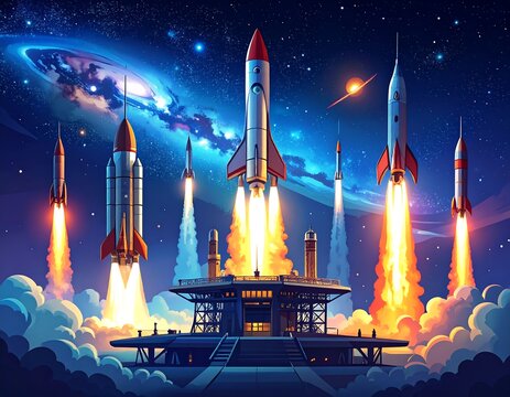 Rockets launching into a starry night sky