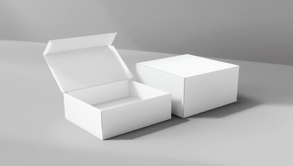 Blank white wide square box with open and closed hinged flap lid on white background. Clipping path around box mock up. 3d illustration 