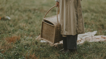 Person carrying a picnic basket in a grassy field