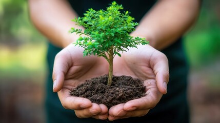 Hands holding young green tree with soil symbol of nature growth care environment and earth protection