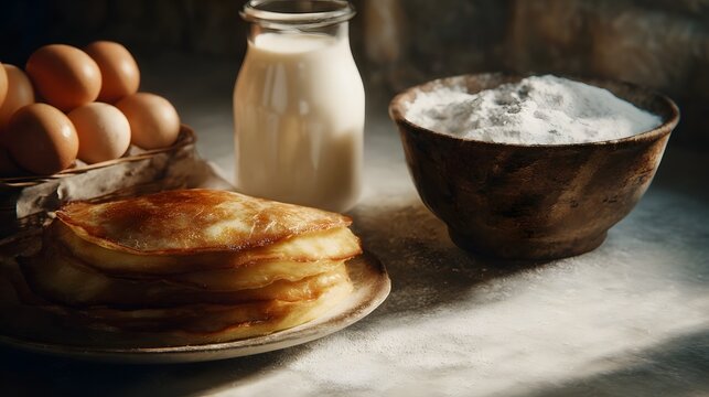 Stack of golden pancakes with fresh ingredients like eggs milk and flour on a rustic kitchen table