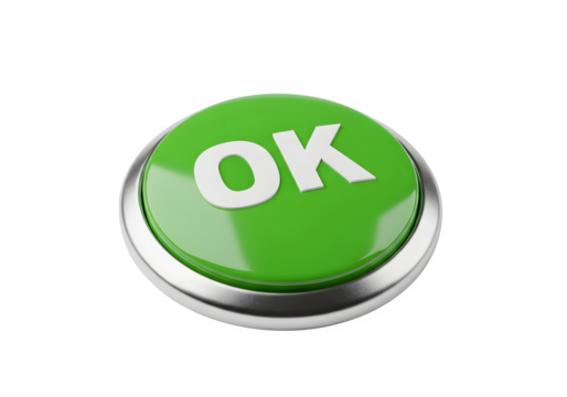 Image of super premium transparent photo of a bright green button with the word ok in white letters, isolated on a transparent background, symbolizing agreement, approval, or confirmation