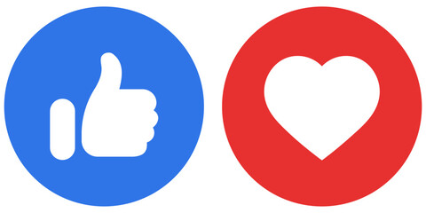 Like and love icon button. Thumbs up and  heart icons in circle buttons shapes , Social media notification icons. emoji post reactions set. Vector illustration