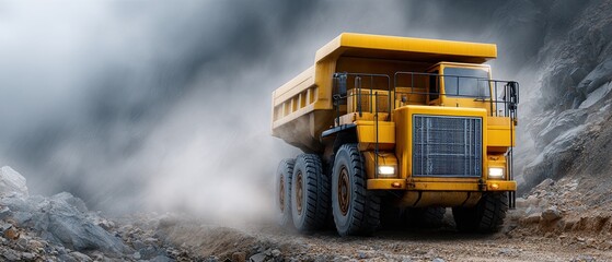 heavy truck mining concept. Heavy-duty dump truck navigating a rugged terrain under a cloudy sky.
