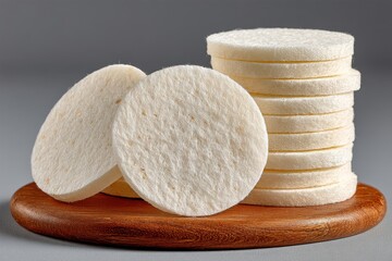 Circular cotton pads stacked upright with one pad leaning against the stack on a wooden serving board against a gray background