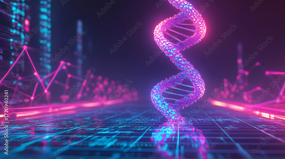 Poster vibrant glowing dna helix emerges from futuristic digital network exploring genetic code and scienti