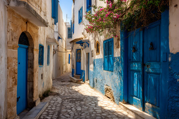 Obraz premium a narrow street with blue doors and windows