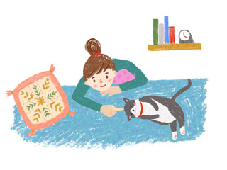 自宅で猫とくつろぐ女性