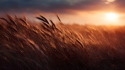 Golden wheat field illuminated by warm sunset light swaying gently in the breeze