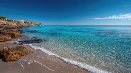 Obraz premium A beautiful and peaceful beach scene. The turquoise water is crystal clear, revealing the sandy bottom. Waves gently crash against the shore. The beach has light-colored sand and small rocks. To the r