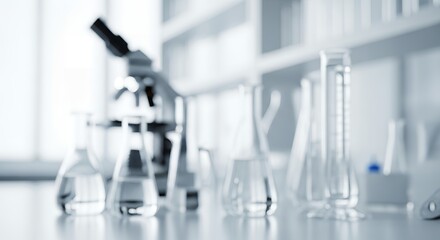 Clean and sterile blurred laboratory background with various glassware, beakers, and a microscope, representing scientific research and medical innovation.