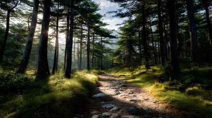 Obraz premium A stone path winds through a sun d d pine forest evoking a sense of peaceful adventure and natural beauty