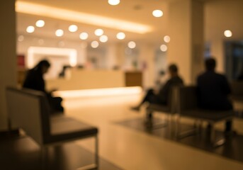Blurred abstract view of a modern office or clinic waiting area with people sitting, conveying a sense of anticipation and professional environment.