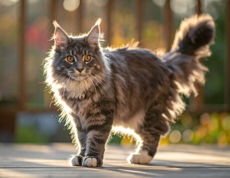 Majestic Maine Coon cat with long fur standing outdoors, beautifully backlit by golden sunlight. - Powered by Adobe