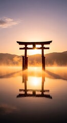 Iconic Japanese torii gate silhouetted against a breathtaking misty sunrise over a serene lake, with a perfect reflection symbolizing tranquility and spirituality.