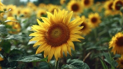 Fototapeta premium A prominent sunflower stands in the center of the image. This sunflower has bright yellow petals and distinct dark brown stamens. The stems and leaves are bright green.