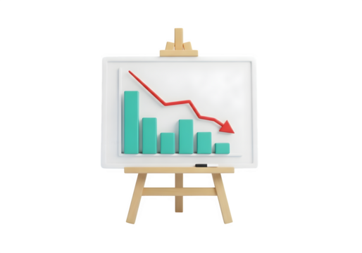 Image of super premium transparent photo of 3d bar chart showing a downward trend with a red arrow, isolated on transparent background