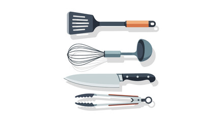Kitchen utensils: spatula, whisk, knife, and tongs on white background.